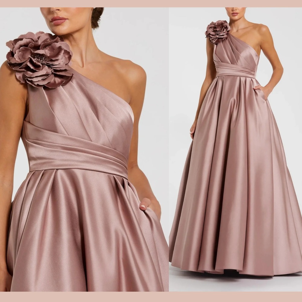NEW Mac Duggal 11874 [ 16 ] 3D Flower One Shoulder Satin Ball Gown Rose Q1306